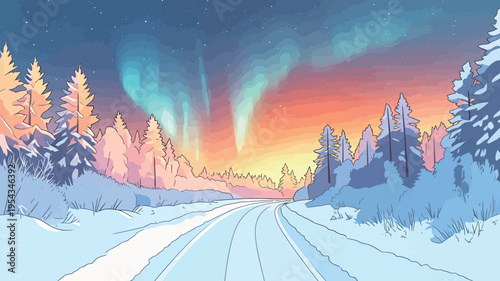Winter road under northern lights with colorful sky at dusk in a snowy forest