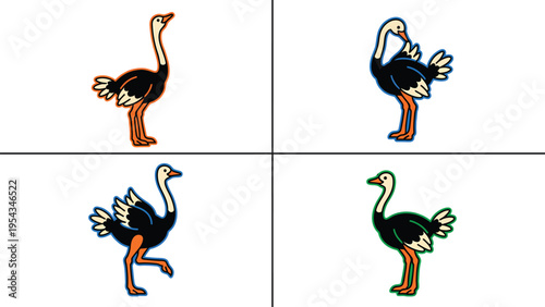 Ostrich Cartoon Vector Set. Cute Wildlife Illustrations of Ostriches in Various Poses for Design. Animal Character Collection.