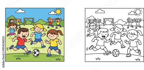Kids playing soccer on the field, coloring book page with a completed colorful example, children practicing outdoor sports vector illustration