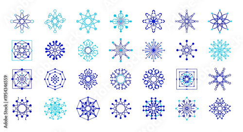 Collection of blue intricate snowflake designs in various patterns and styles.