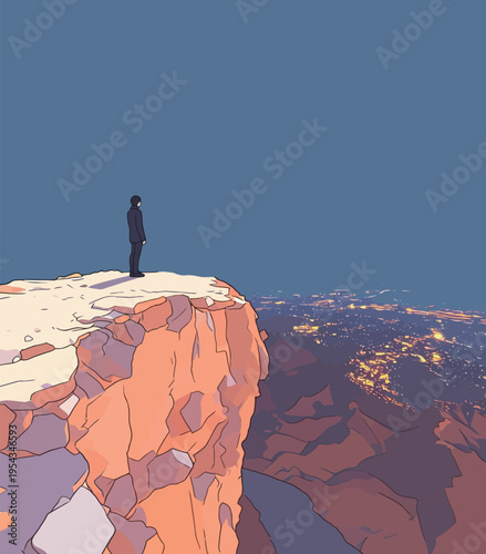 Person stands on cliff edge overlooking city lights below during twilight in a digital art scene