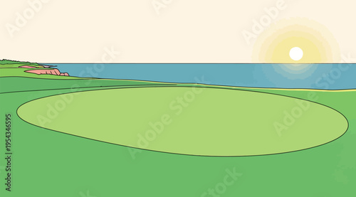 Golf course at sunset by the ocean with a view of the green and horizon