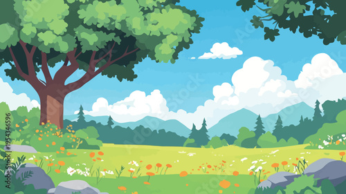 Bright landscape with trees, flowers, blue sky, and mountains under sunlight in daytime setting