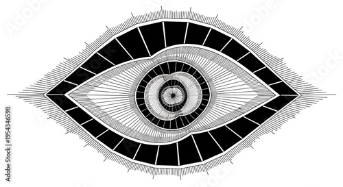 Intricate monochrome eye illustration with geometric patterns and concentric design.