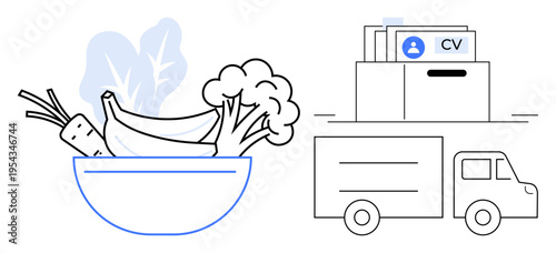 Delivery concept illustrated through fresh produce, job applications, and a delivery truck. Delivery connects fresh food, resumes, and logistics essentials. Ideal for food supply, recruitment, or