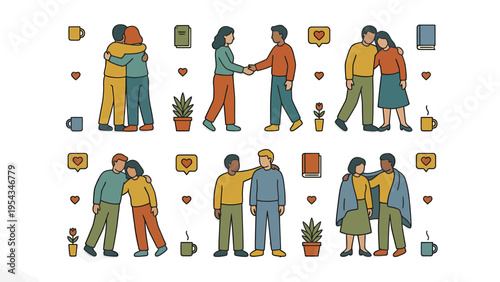 Diverse People Relationships & Social Interactions Set. Friendship, Support, & Connection Flat Vector.