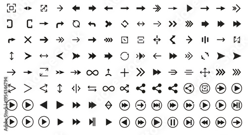 A diverse set of navigation icons and symbols including arrows, shapes and UI glyphs for vector graphics.