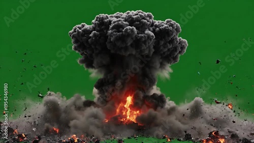 Dramatic explosion with smoke and debris on green screen background