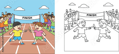 Kids running relay race at sports day, coloring book page with a completed colorful example, children passing baton on track vector illustration