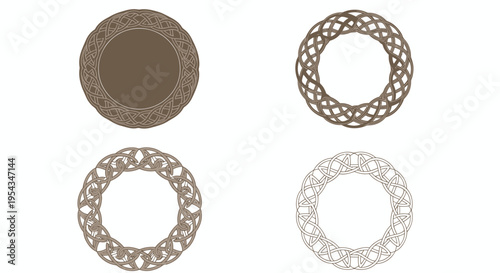 Set of four circular coasters and woven rings with natural textures for design.