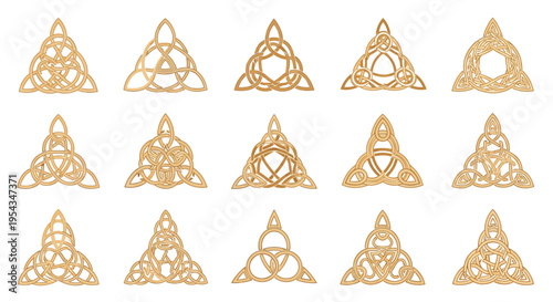 Golden triangular Celtic knot pattern featuring interlaced ornament design and tessellated motifs.
