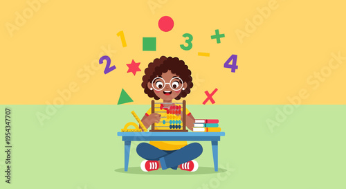 Joyful Young Child Engaged in Early Math Learning with an Abacus and Floating Numerical Symbols, Illustrating Educational Development in a Colorful Setting