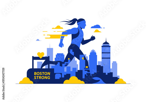 Vibrant illustration of a determined woman runner in full stride, silhouetted against a stylized city skyline, symbolizing urban athleticism and resilience