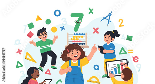 Joyful diverse children immersed in an exciting educational math session, utilizing abacus, tablets, and geometric shapes, fostering a love for learning and development
