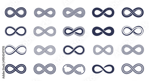Collection of decorative infinity loop symbols in blue and gray tones across a repeating grid.