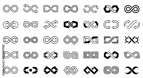 Collection of abstract monochrome loop symbols and infinity knot icons for graphic design projects.