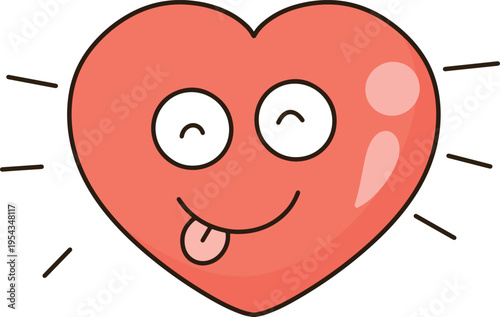 Hand Drawn Minimalist Pink Heart Smiling with Tongue Out Cute Cartoon Character Icon for Sticker