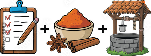 Flat vector checklist spices bowl cinnamon star anise water well concept cooking ingredients recipe preparation illustration design process