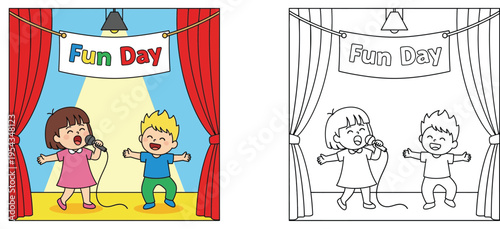 Kids performing on stage, coloring book page with a colorful example, children singing and dancing at a Fun Day school event, vector illustration