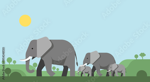 A charming flat design illustration of an elephant family, with an adult guiding two young calves, walking in a serene natural landscape under a bright sun