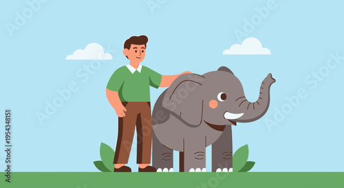 A serene illustration of a compassionate man and a majestic elephant sharing a gentle moment in nature, symbolizing friendship, wildlife protection, and human-animal harmony