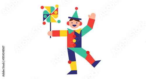 Cheerful and colorful jester character illustration in a vibrant costume, happily holding a spinning pinwheel, symbolizing fun, celebration, and playful entertainment