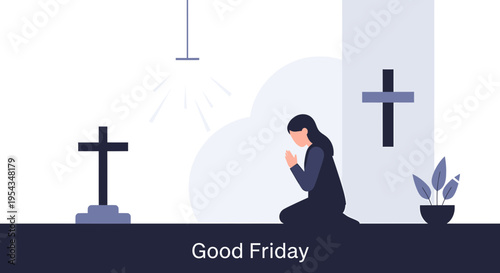 Minimalist illustration depicting a person in reverent prayer beside a cross, embodying themes of faith, contemplation, and spiritual solace