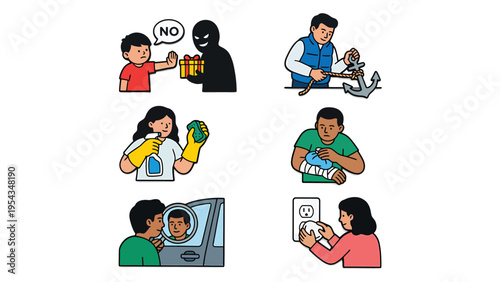 Set of 6 Illustrations Safety Security Repair Cleaning and Warning Concepts for Educational and Commercial Use