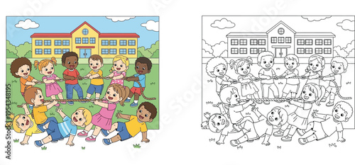 Kids playing tug of war at school, coloring book page with a colorful example, diverse group of children pulling rope outdoors, vector illustration