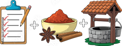 Flat vector checklist spices bowl cinnamon star anise water well concept illustration cooking ingredients list preparation process design