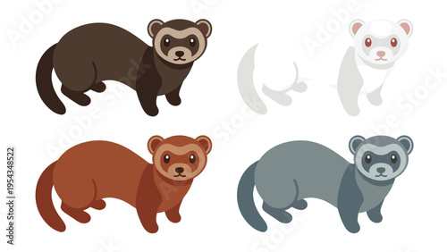 Cute Cartoon Ferrets Set. Diverse Color Morphs of Domestic Ferrets Illustration on White.