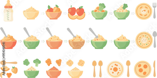 Baby food preparation process with purees vegetables fruits and feeding stages, healthy nutrition for infants vector illustration set