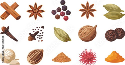 Flat vector spices collection cinnamon sticks star anise cloves cardamom nutmeg peppercorns saffron turmeric powder cooking ingredients illustration set