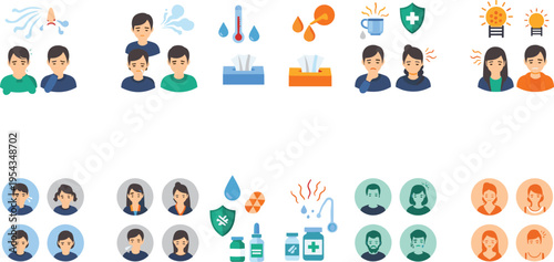 Cold and flu symptoms set with people showing fever cough headache and treatment icons, healthcare illness prevention and recovery vector illustration collection