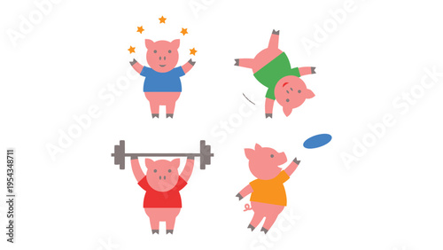 Collection of cute cartoon pigs performing various sports and fitness activities: weightlifting, handstand, frisbee, and excited pig.