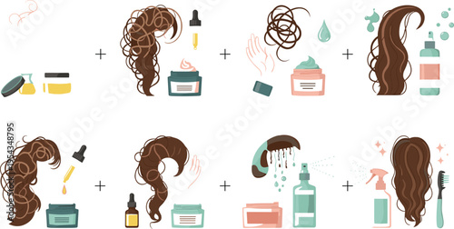 Curly hair care routine steps with washing conditioning styling and treatment products, healthy hair transformation process vector illustration set for beauty routine