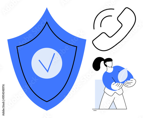 Cybersecurity, data protection, communication, identity verification, digital security, authentication. Blue shield with checkmark, phone icon person holding a secure item. Cybersecurity and data