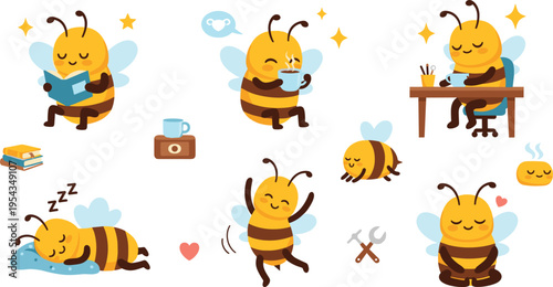 Cute bee daily activities set with reading working drinking relaxing and sleeping, adorable cartoon insect lifestyle vector illustration collection for kids design