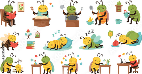Cute bees daily activities set with reading cooking working sleeping and relaxing, adorable cartoon insects lifestyle vector illustration collection for kids design