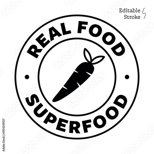 Real Food Superfood Nutrient Rich Food Seal Healthy Organic Product Badge With Apple Avocado Carrot Icon