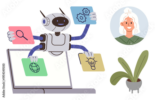 Artificial intelligence, automation, virtual assistants, digital organization, technology workflow, innovation. Robot working on tasks with digital files. Artificial intelligence and automation