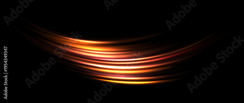 Red yellow light trail element. Glowing neon speed line wave. Hot fire color luminous curved path concept. Abstract bent dynamic motion stripes. Shiny golden streaks for poster, banner, flyer. Vector