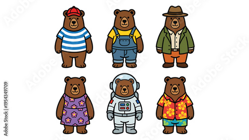 Charming Cartoon Bears in Diverse Outfits Casual Formal Space Explorer and Vacation Styles Vector Illustrations for Kids and Fun Projects