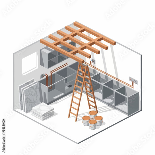 Construction of wooden ceiling beams in a room with ladder and paint cans.