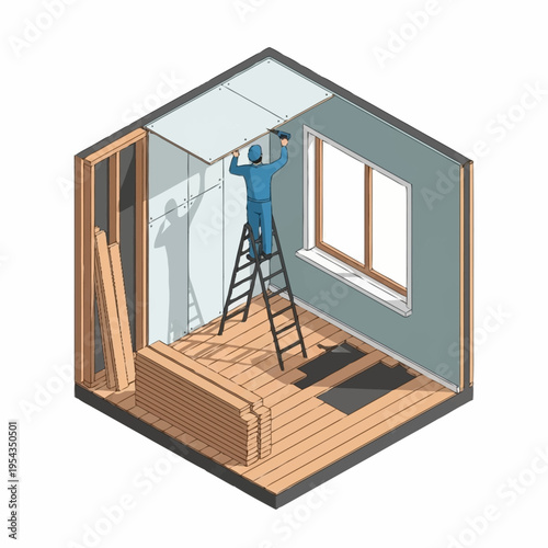 Construction worker installing drywall on ceiling using ladder.