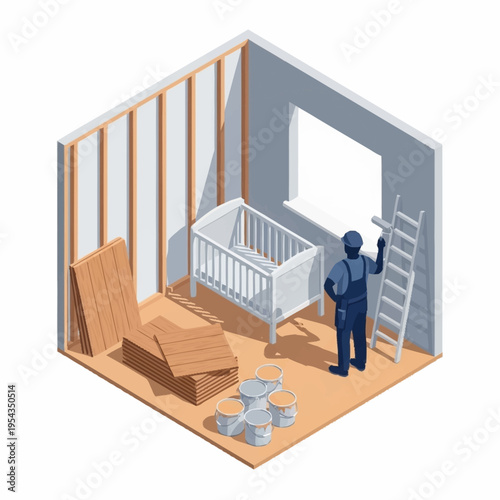 Construction worker painting a nursery room with crib.