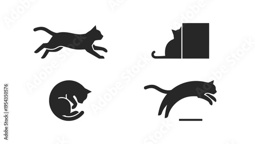 Minimalist Black Cat Silhouettes Collection: Running, Sleeping, Hiding, and Jumping Feline Vector Icons Set