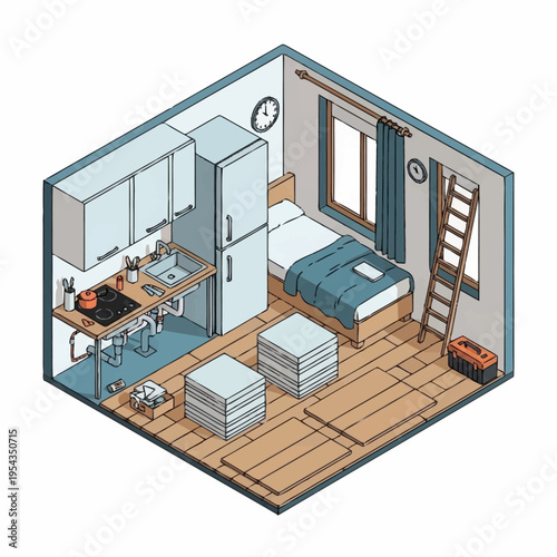 Cozy Isometric Studio Apartment with Kitchenette and Bed.