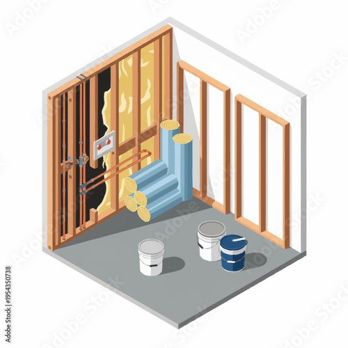 Damaged Wall with Exposed Pipes and Insulation.