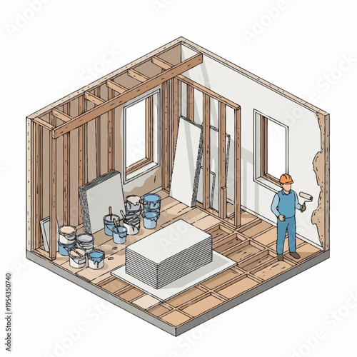 Construction worker painting interior room during renovation project.
